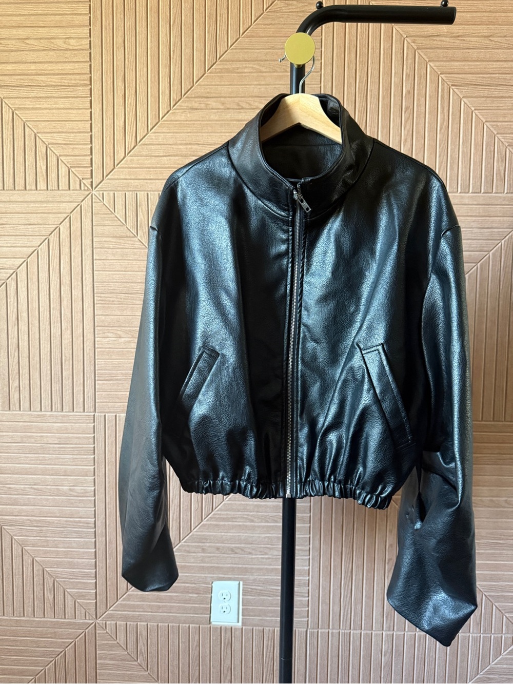 Black Faux Leather Women's Bomber Jacket - Stylish Zip Front